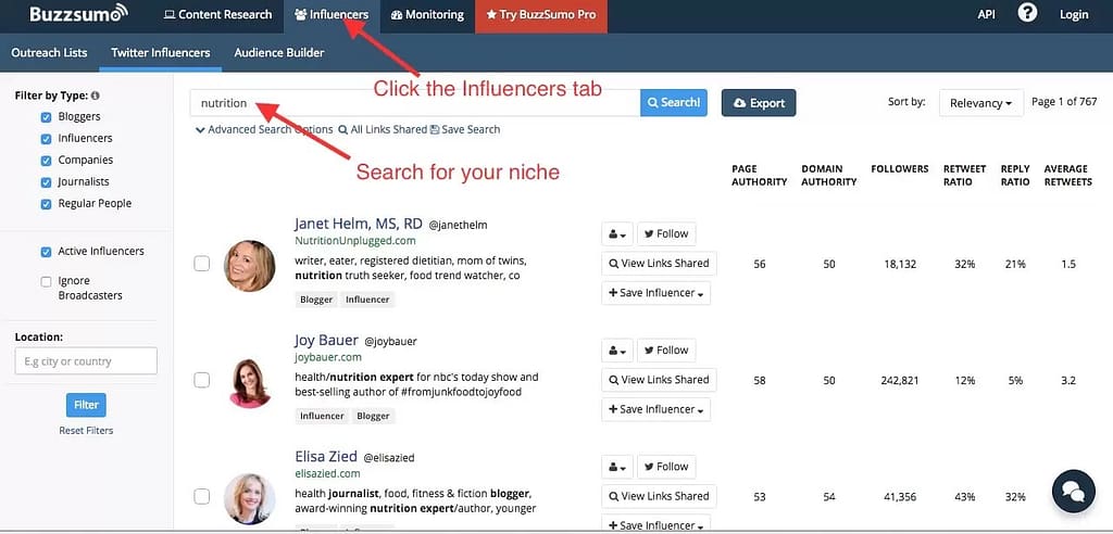 Use BuzzSumo to find influencers