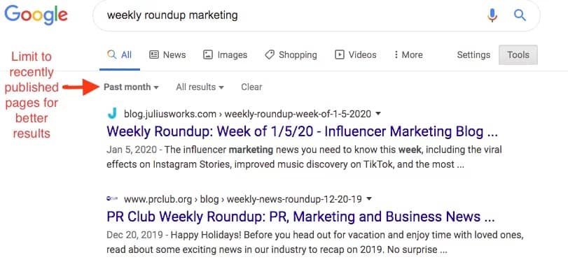 Search for weekly roundups to find content promotion opportunities.
